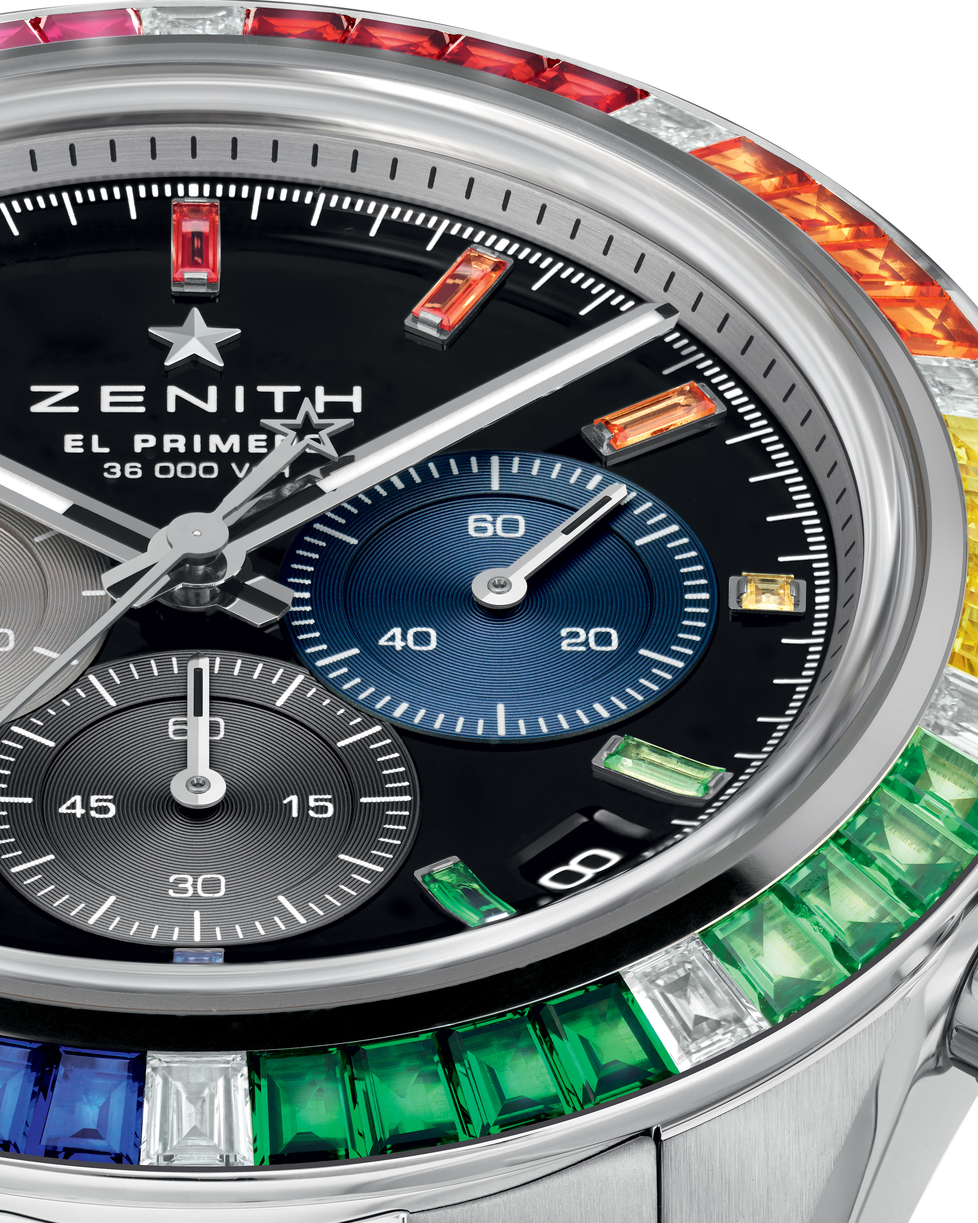 Close-up of a Zenith El Primero 36 000 VPH watch with a jeweled bezel.
