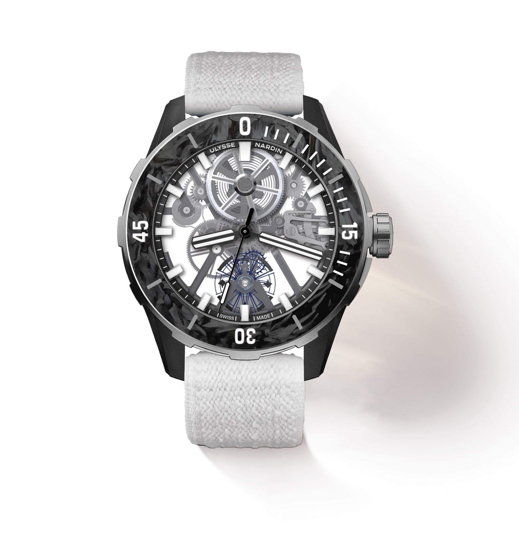 Ulysse Nardin Diver Air watch with titanium case and white textile strap.