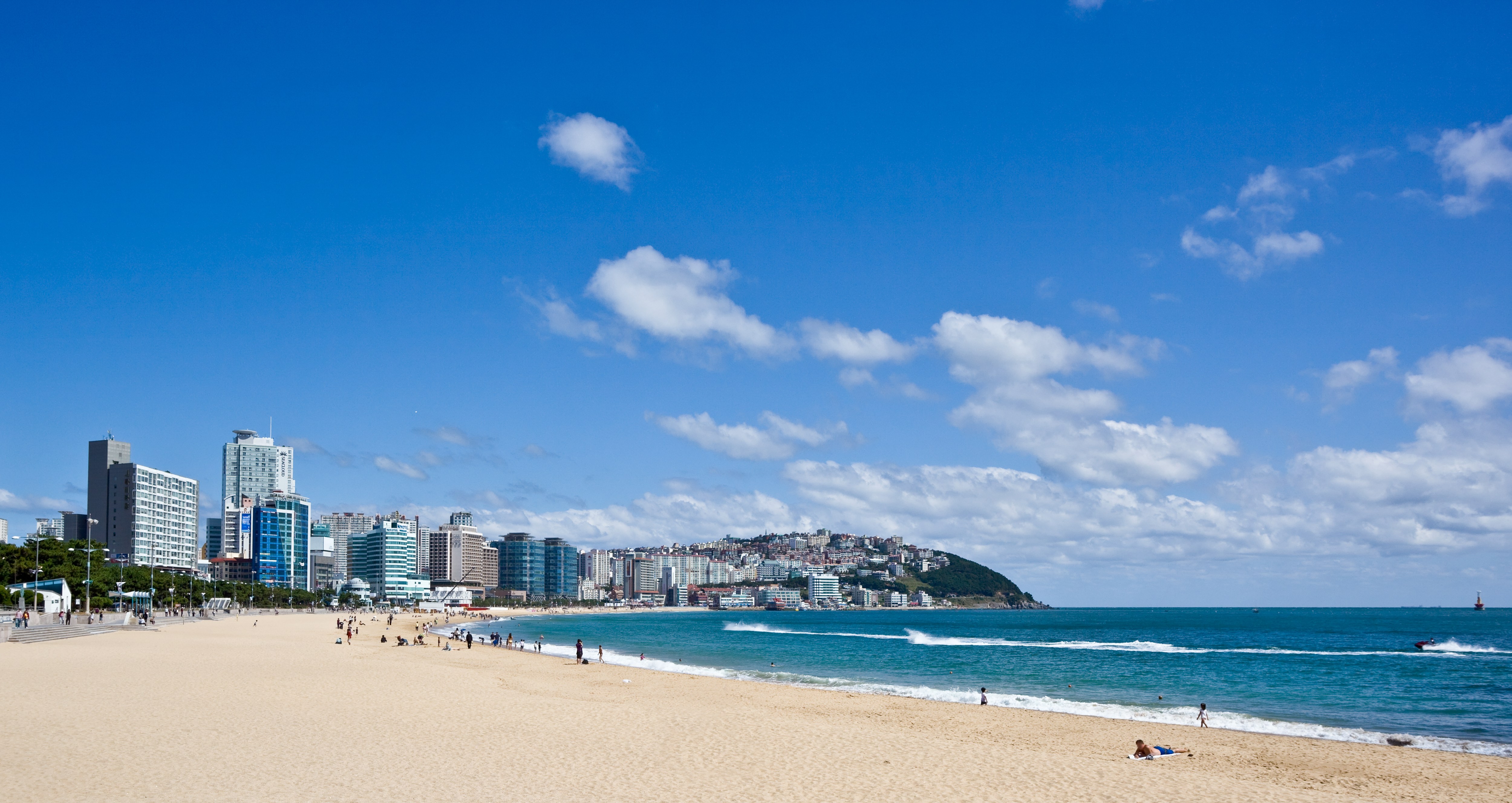 a beach with a city skyline in the background