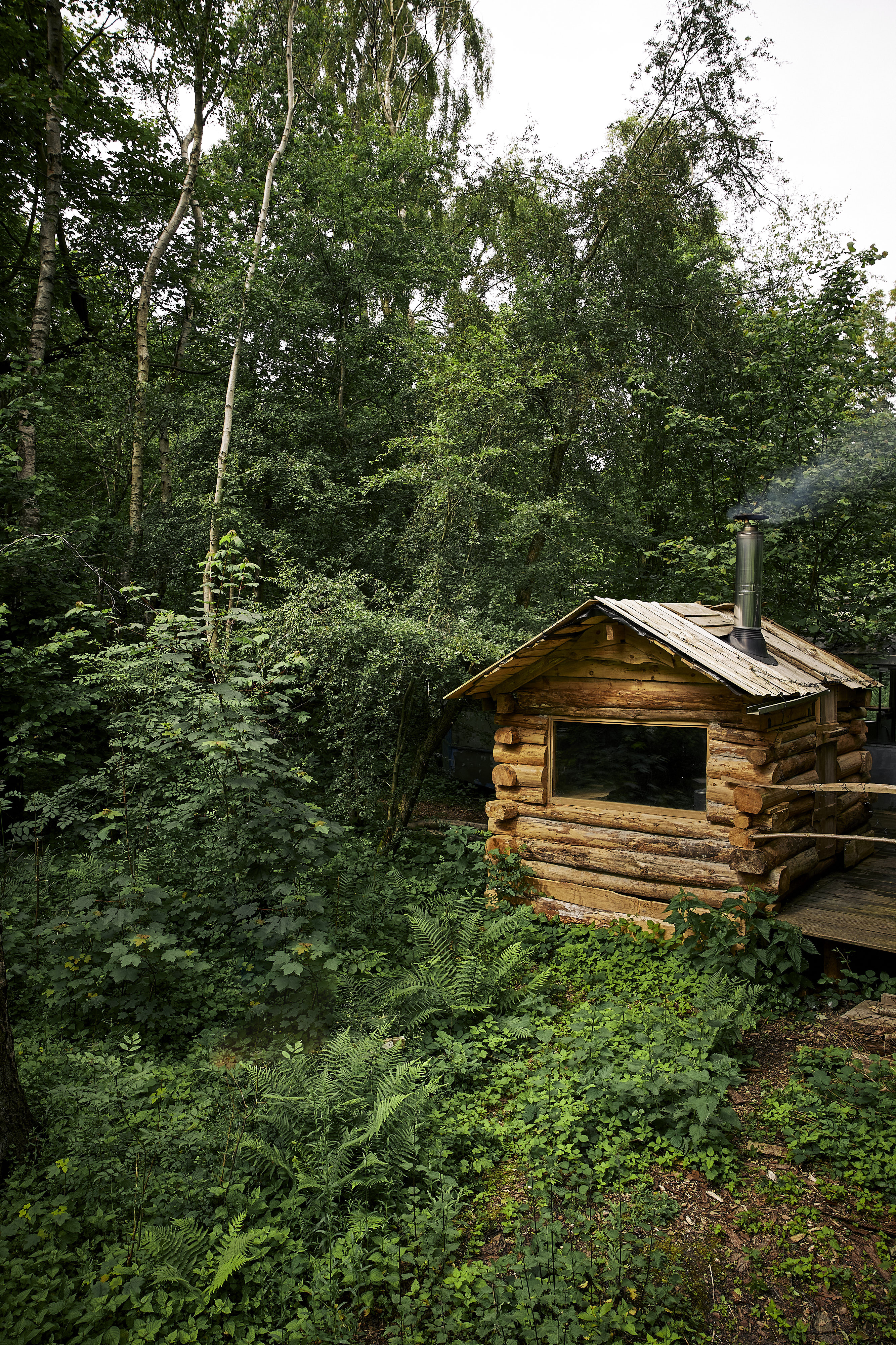 Wooden sauna in a forest.