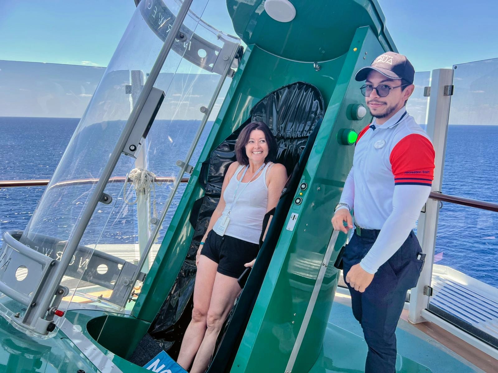 Woman in a ride with an attendant.