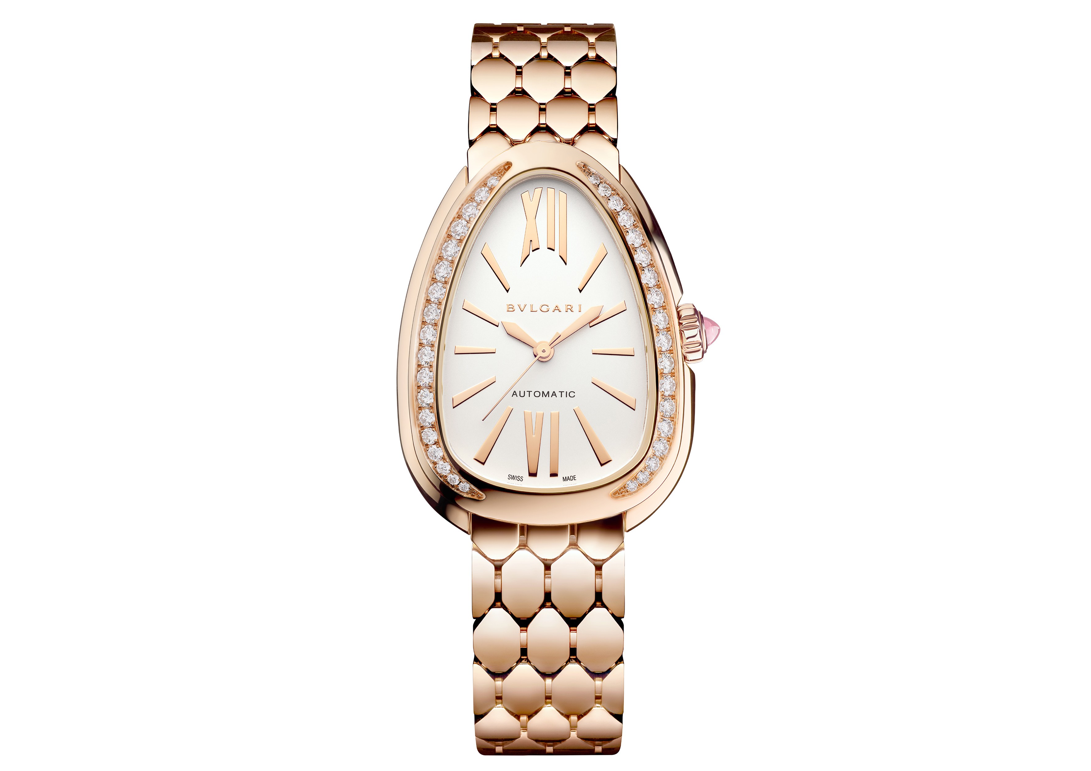 Bvlgari Serpenti watch with diamond bezel and rose gold band.
