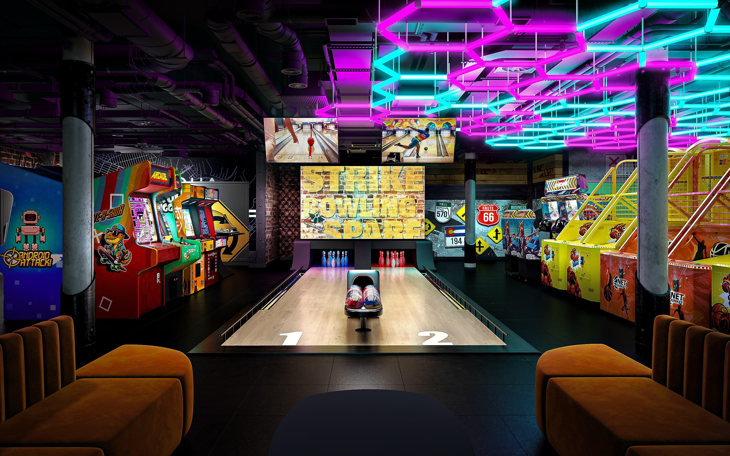 Illustration of a bowling alley with arcade games.
