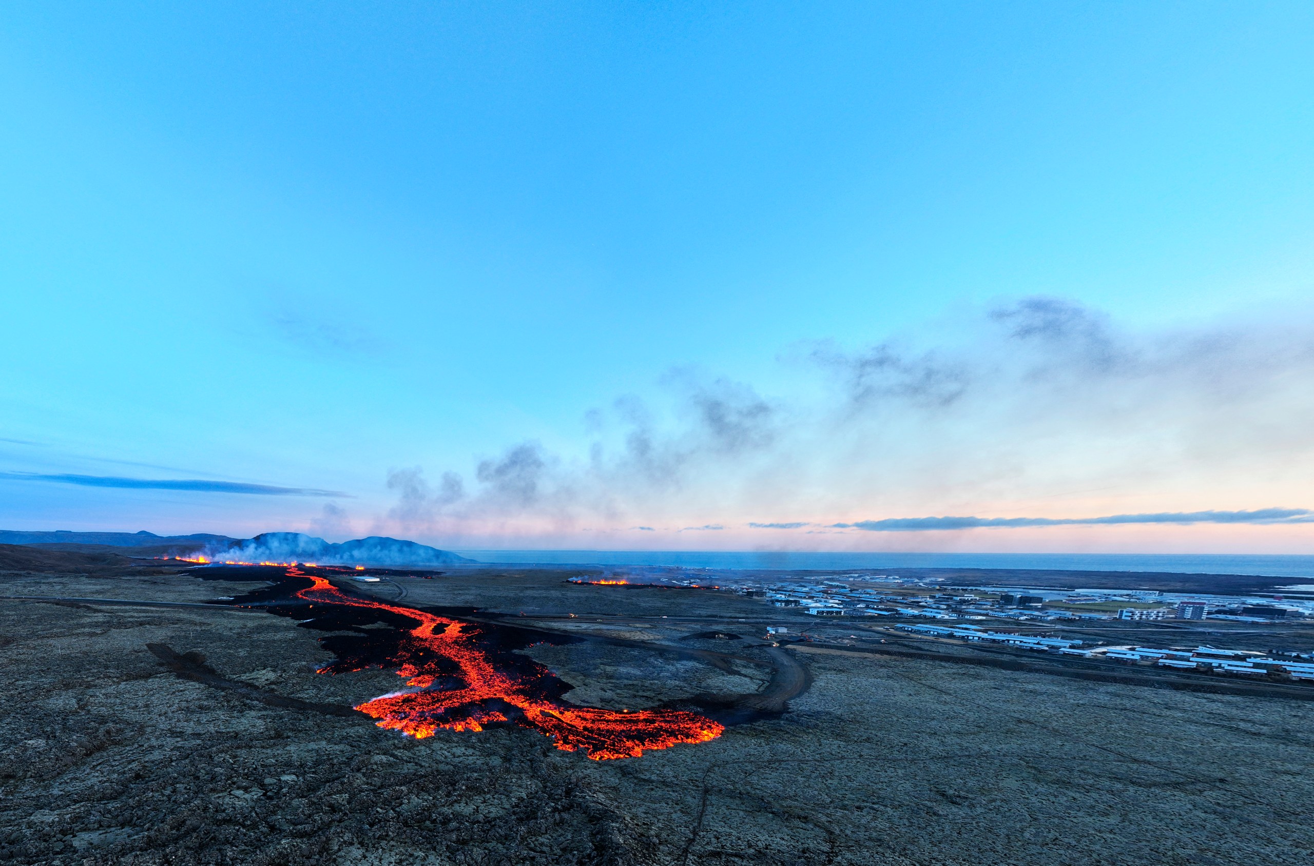 Lava flows near Grindavik in Iceland after a volcanic eruption in January 2024