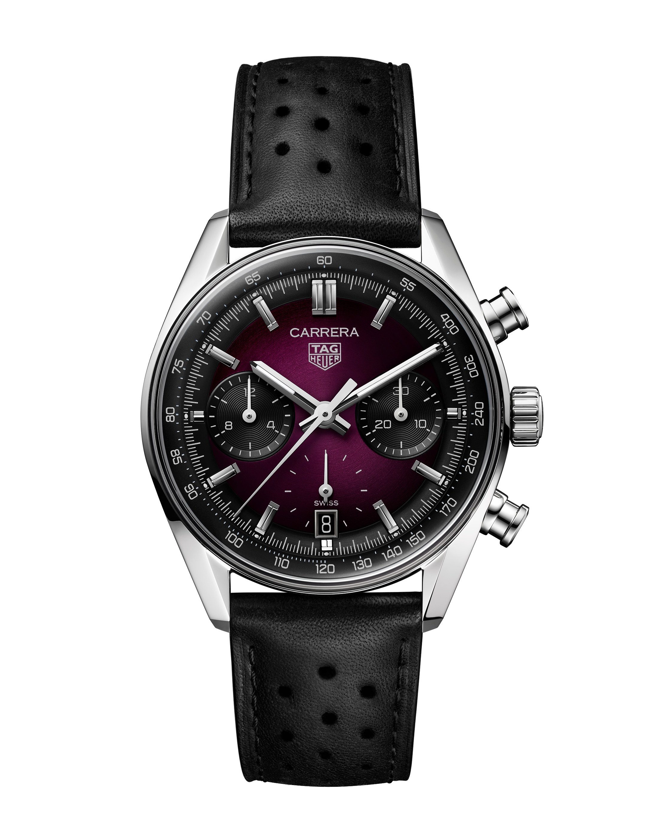 Tag Heuer Carrera watch with burgundy face and black leather strap.