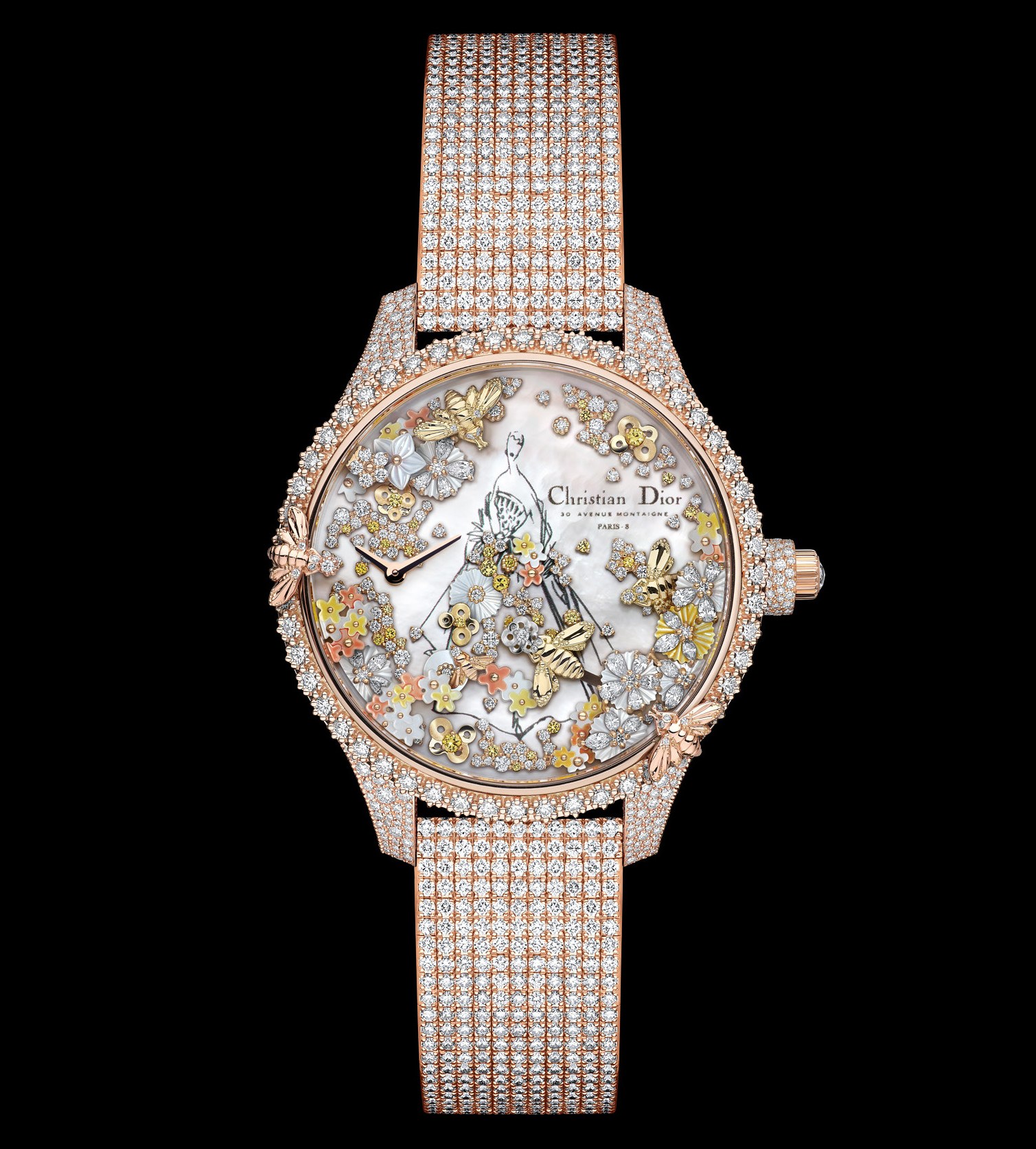 Diamond-encrusted Christian Dior watch with floral details.